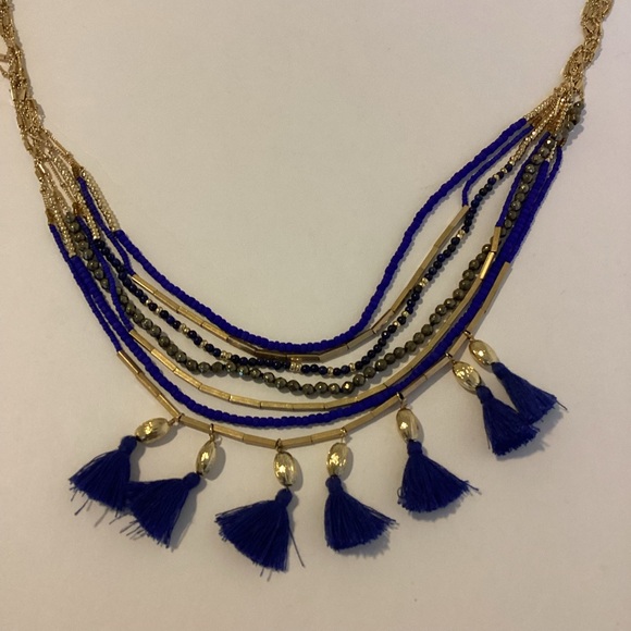 Stella & Dot Tulum Necklace Tassel Fringe Multi Strand Blue Gold Layers - Picture 3 of 16